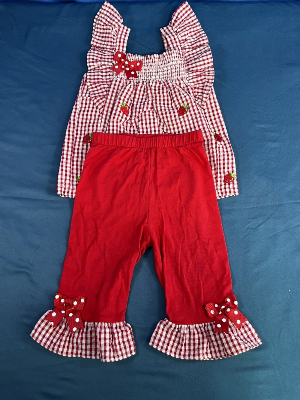 Rare Editions Girls Sleeveless Strawberry-Embroidered Checked Seersucker Set 3T